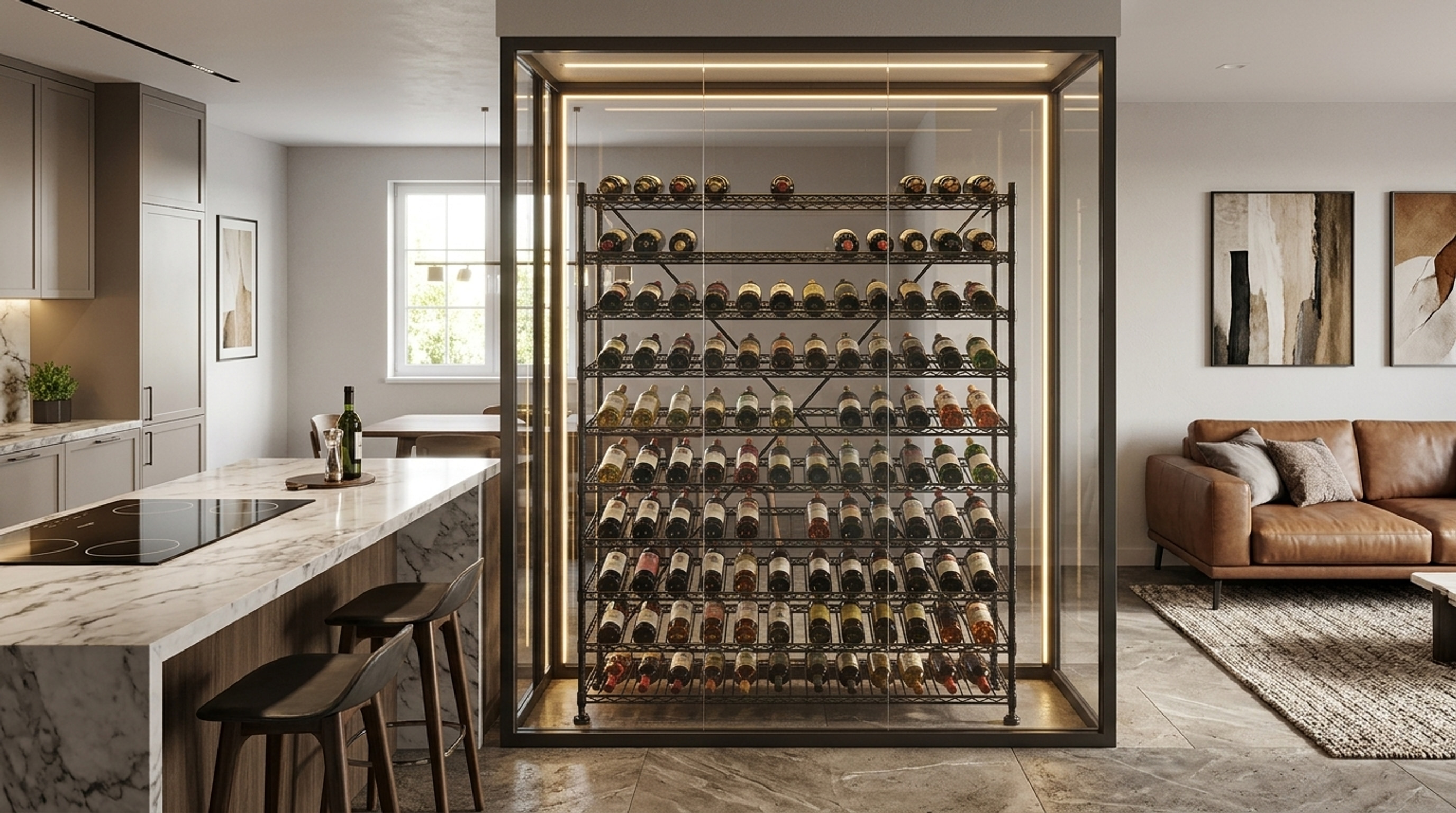 Moderne Weinvitrine mit Metall-Weinregalen im Wohnraum